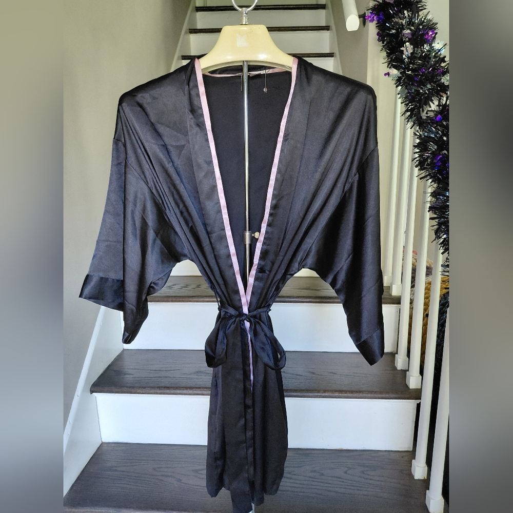 Victoria's Secret Satin Short Black Robe with Pink Accents M/L